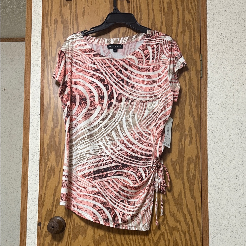 Chic Abstract Pink and Brown Blouse NWT with Tie Side